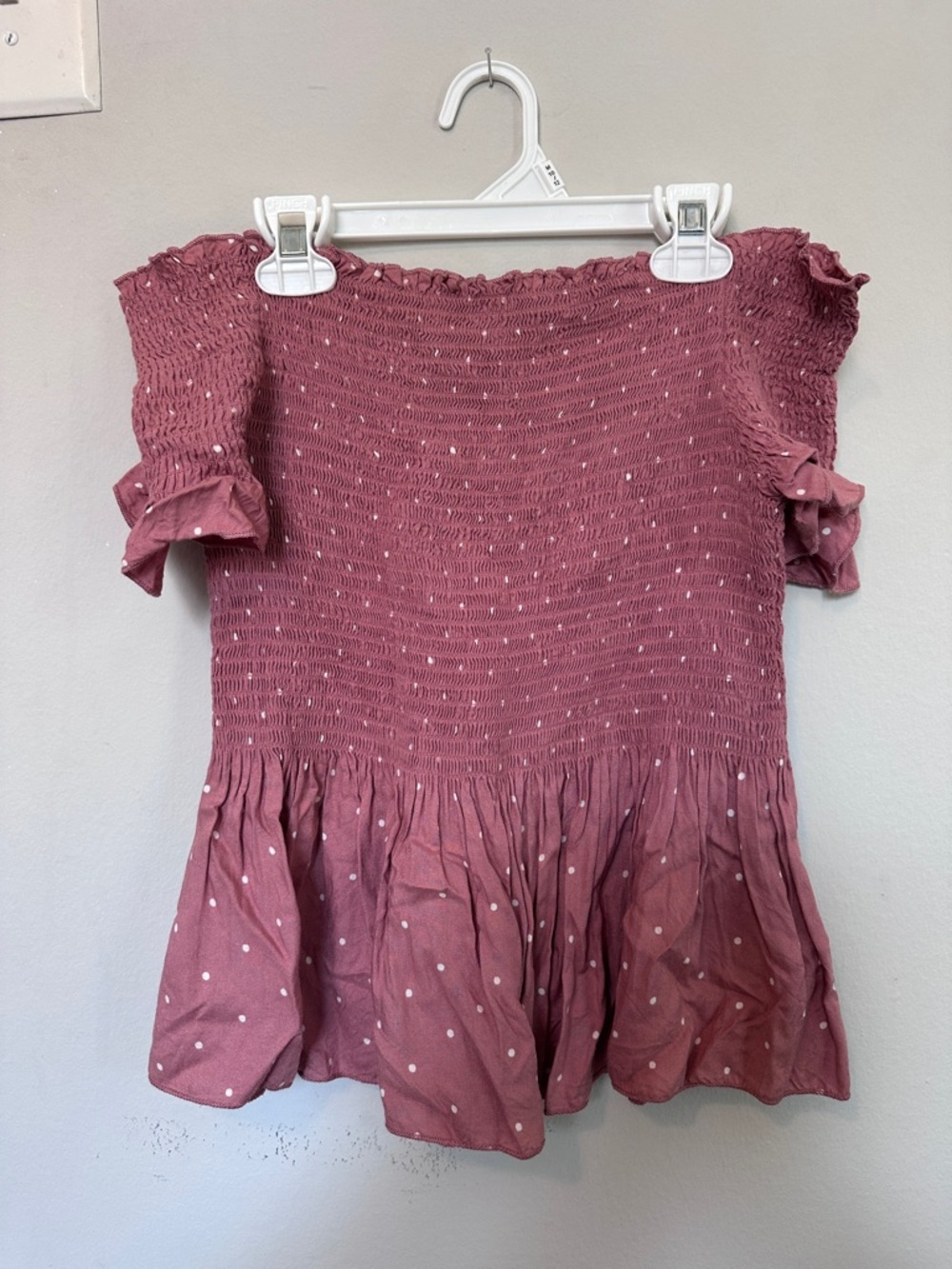 Japna Mauve Pink Smocked Ruffle Polka Dot Off-Shoulder Coquette Preppy Top